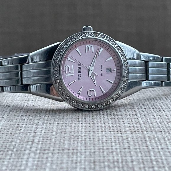 Fossil Women Wristwatch Pink Face Date Calendar Quartz Silver tone Watch - Picture 5 of 9